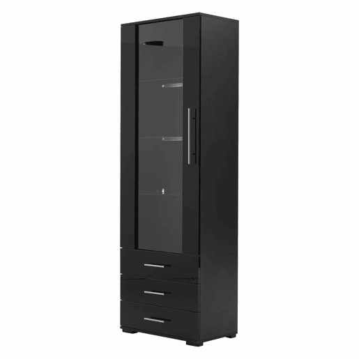 Vitrine de pé 60x35x180 cm - Vitrine de vidro com LED, vitrine vertical com 3 gavetas - Preto brilhante