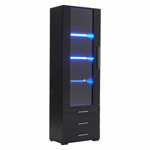 Vitrine de pé 60x35x180 cm - Vitrine de vidro com LED, vitrine vertical com 3 gavetas - Preto brilhante
