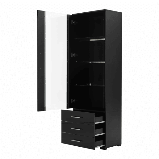 Vitrine de pé 60x35x180 cm - Vitrine de vidro com LED, vitrine vertical com 3 gavetas - Preto brilhante