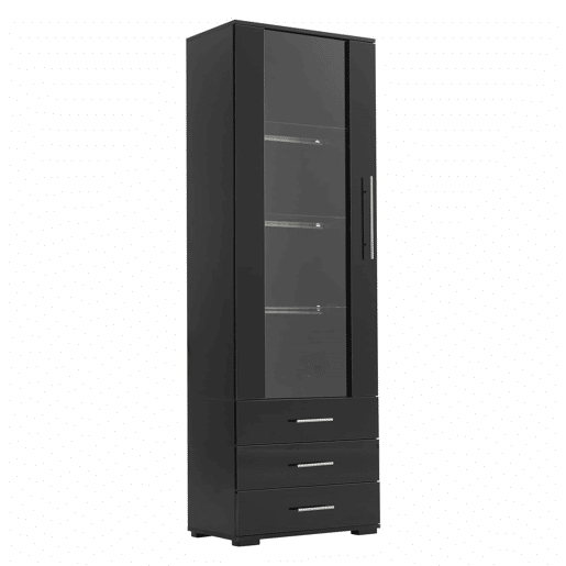 Vitrine de pé 60x35x180 cm - Vitrine de vidro com LED, vitrine vertical com 3 gavetas - Preto brilhante