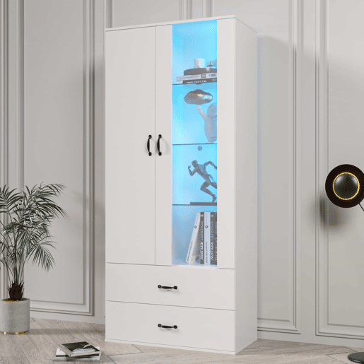 Armário expositor com 2 portas e 2 gavetas e LED - Altura 180cm - Branco