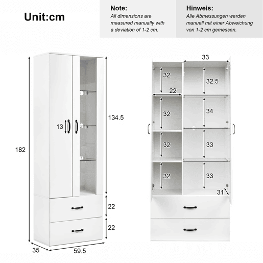 Armário expositor com 2 portas e 2 gavetas e LED - Altura 180cm - Branco