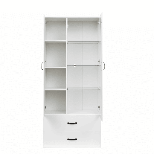 Armário expositor com 2 portas e 2 gavetas e LED - Altura 180cm - Branco