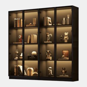 Vitrine de vidro com iluminação LED controlada por APP - 4 portas, prateleiras móveis, armário para sala, armário independente, armário de casa de banho - Cor preta