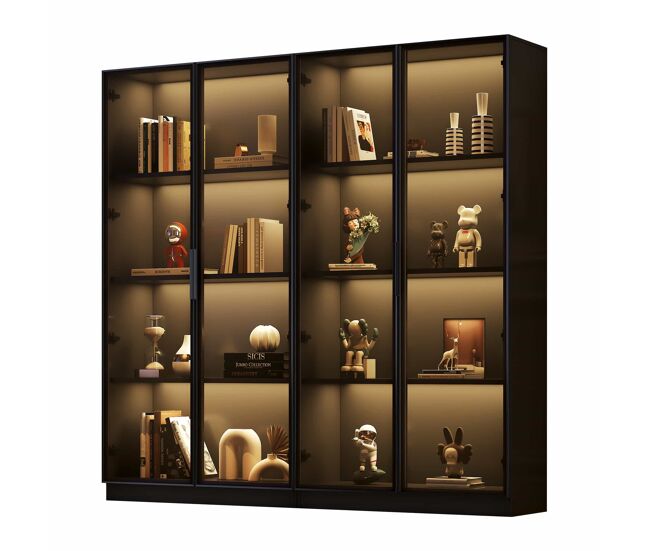 Vitrina de cristal con iluminación led controlada por app - 4 puertas, estanterías móviles, armario para salón, armario independiente, armario de baño