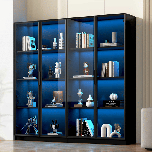 Vitrine de vidro com iluminação LED controlada por APP - 4 portas, prateleiras móveis, armário para sala, armário independente, armário de casa de banho - Cor preta