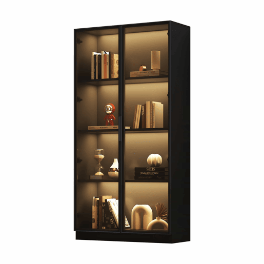 Vitrine de vidro com iluminação LED controlada por APP - 4 portas, prateleiras móveis, armário para sala, armário independente, armário de casa de banho - Cor preta