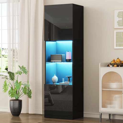 Vitrine alta 45x35x160 cm - LED, 1 prateleira de vidro - Preto brilhante