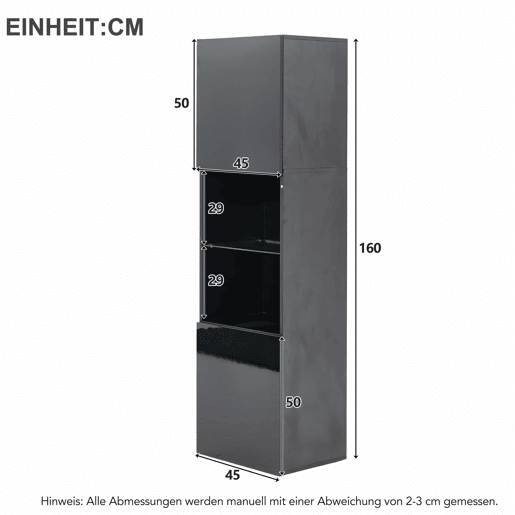 Vitrine alta 45x35x160 cm - LED, 1 prateleira de vidro - Preto brilhante