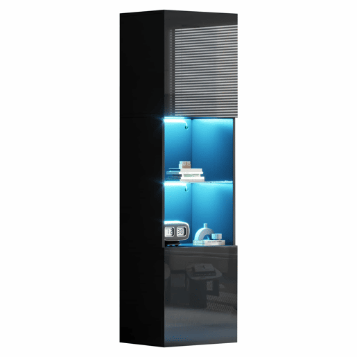 Vitrine alta 45x35x160 cm - LED, 1 prateleira de vidro - Preto brilhante