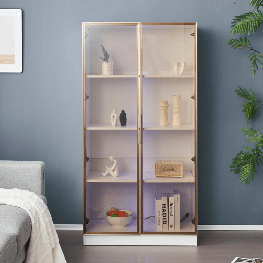 Vitrina moderna com luzes LED em 16 cores - A. 160 cm - 2 portas com prateleiras extraíveis - Transparente