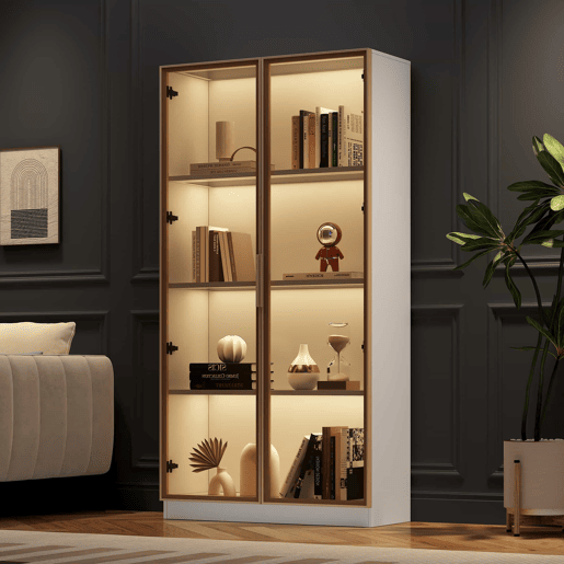 Vitrina moderna com luzes LED em 16 cores - A. 160 cm - 2 portas com prateleiras extraíveis - Transparente