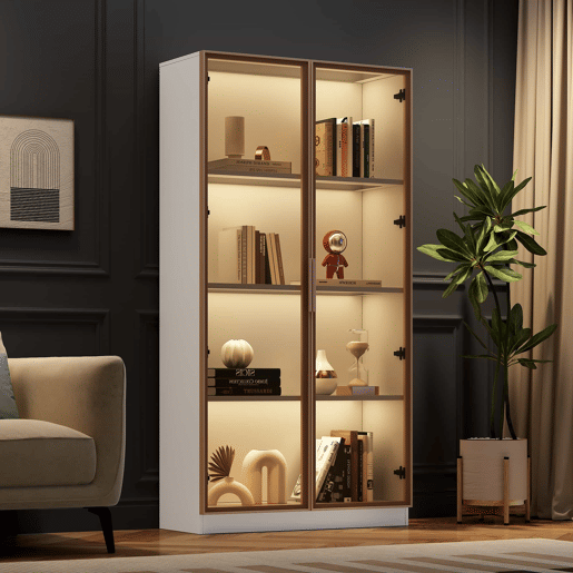 Vitrina moderna com luzes LED em 16 cores - A. 160 cm - 2 portas com prateleiras extraíveis - Transparente