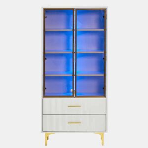 Armário expositor moderno com luzes LED e prateleiras extraíveis - A. 150 cm - 2 portas de vidro e 2 gavetas - Branco