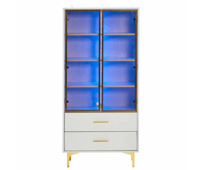 Vitrina moderna con luces led y estantes extraíbles - al. 150 cm - 2 puertas de cristal y 2 cajones - blanco