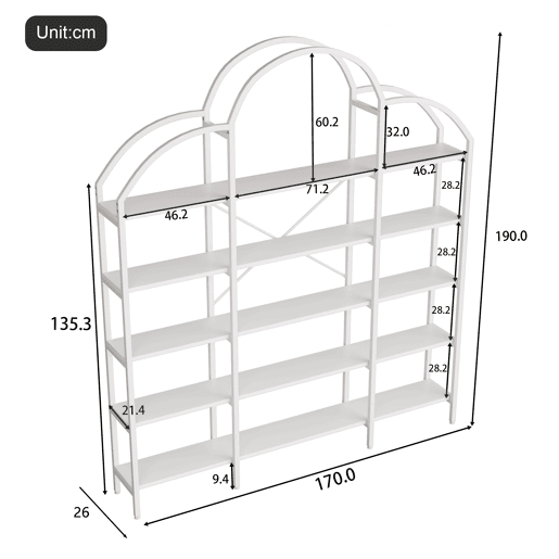 Estante 170x26x190 cm - 5 níveis, design em forma de nuvem, aço e MDF, fácil montagem - Branco