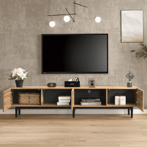 Armário TV com LED 175cm - 3 portas + 2 prateleiras - estilo industrial - Natural