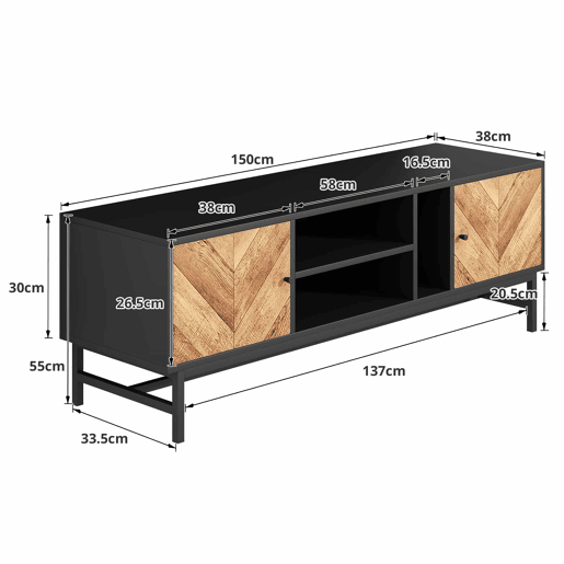 Mesa de TV 150x38x55cm - com prateleiras e 2 portas - Natural + Preto