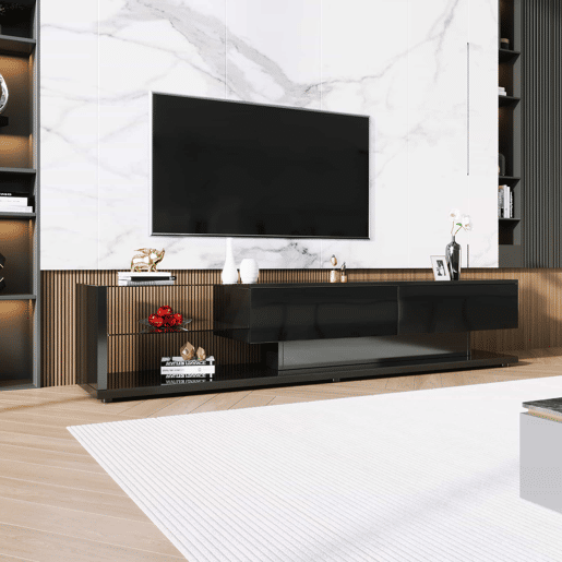 Suporte para TV 170cm com LED e ecrã de vidro - 2 gavetas - Preto