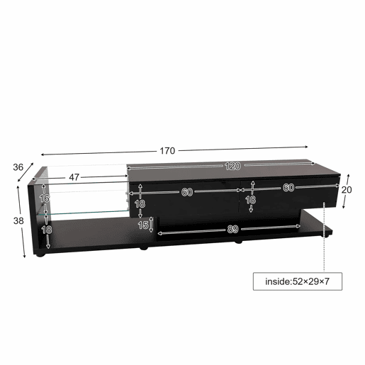 Suporte para TV 170cm com LED e ecrã de vidro - 2 gavetas - Preto