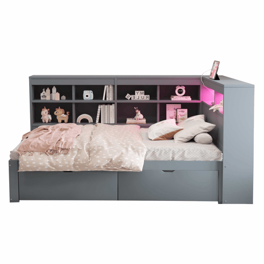 Sofá-cama 90x200 - Com compartimentos, cama com USB e tomada com faixa LED, com prateleiras e arrumação, multifuncional, cinzento Sofá-cama 90x200 - Com compartimentos, cama com USB e tomada com faixa LED, com prateleiras e arrumação, multifuncional, cinzento