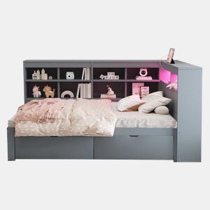 Sofá-cama 90x200 - Com compartimentos, cama com USB e tomada com faixa LED, com prateleiras e arrumação, multifuncional, cinzento