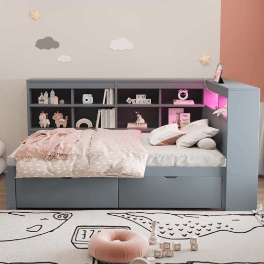 Sofá-cama 90x200 - Com compartimentos, cama com USB e tomada com faixa LED, com prateleiras e arrumação, multifuncional, cinzento Sofá-cama 90x200 - Com compartimentos, cama com USB e tomada com faixa LED, com prateleiras e arrumação, multifuncional, cinzento