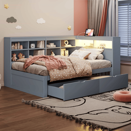 Sofá-cama 90x200 - Com compartimentos, cama com USB e tomada com faixa LED, com prateleiras e arrumação, multifuncional, cinzento Sofá-cama 90x200 - Com compartimentos, cama com USB e tomada com faixa LED, com prateleiras e arrumação, multifuncional, cinzento