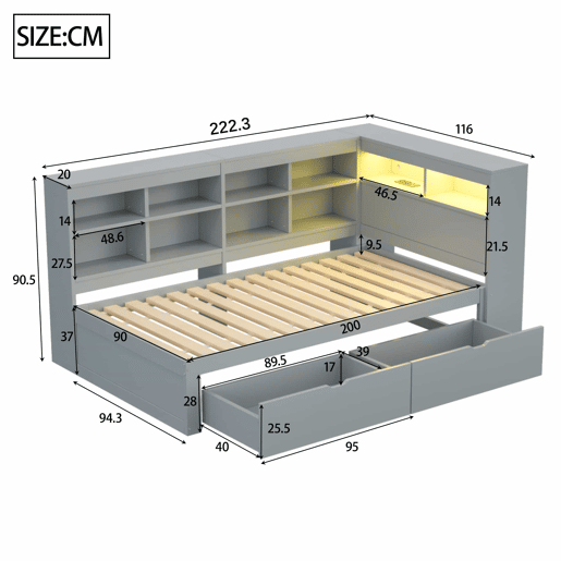 Sofá-cama 90x200 - Com compartimentos, cama com USB e tomada com faixa LED, com prateleiras e arrumação, multifuncional, cinzento Sofá-cama 90x200 - Com compartimentos, cama com USB e tomada com faixa LED, com prateleiras e arrumação, multifuncional, cinzento