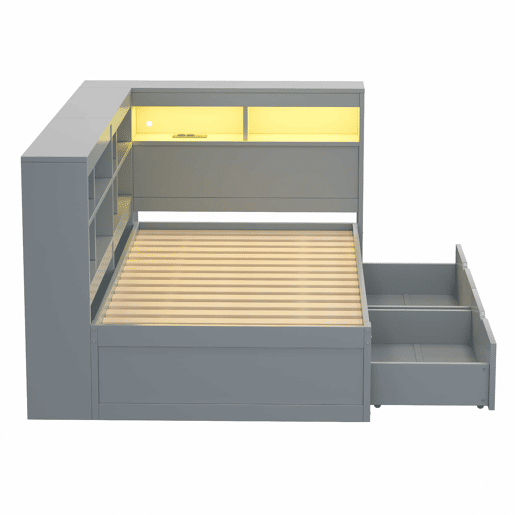 Sofá-cama 90x200 - Com compartimentos, cama com USB e tomada com faixa LED, com prateleiras e arrumação, multifuncional, cinzento Sofá-cama 90x200 - Com compartimentos, cama com USB e tomada com faixa LED, com prateleiras e arrumação, multifuncional, cinzento