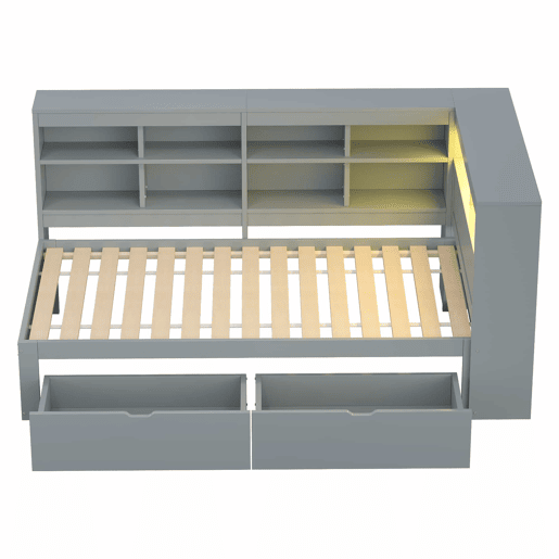 Sofá-cama 90x200 - Com compartimentos, cama com USB e tomada com faixa LED, com prateleiras e arrumação, multifuncional, cinzento Sofá-cama 90x200 - Com compartimentos, cama com USB e tomada com faixa LED, com prateleiras e arrumação, multifuncional, cinzento