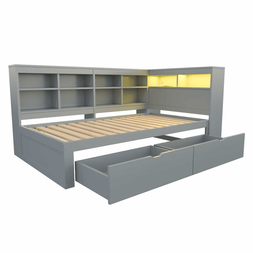 Sofá-cama 90x200 - Com compartimentos, cama com USB e tomada com faixa LED, com prateleiras e arrumação, multifuncional, cinzento Sofá-cama 90x200 - Com compartimentos, cama com USB e tomada com faixa LED, com prateleiras e arrumação, multifuncional, cinzento