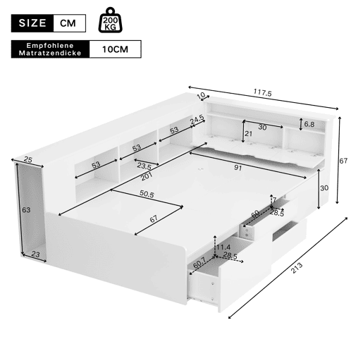 Cama individual infantil 90x200 - multifuncional com gavetas, estante e armário de arrumação - branco