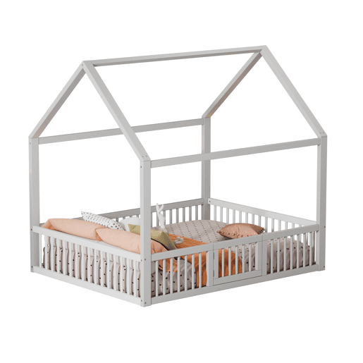 Cama de madeira maciça 140x200 cm - Cama de casal, cama baixa, cama de casa com porta - Branca