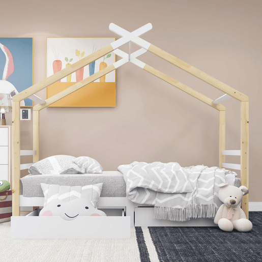 Cama infantil 90x200 cm - Casa com gavetas, madeira maciça com estrado, pinho - Branco + cor madeira