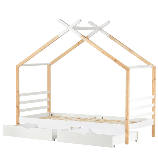 Cama infantil 90x200 cm - Casa com gavetas, madeira maciça com estrado, pinho - Branco + cor madeira