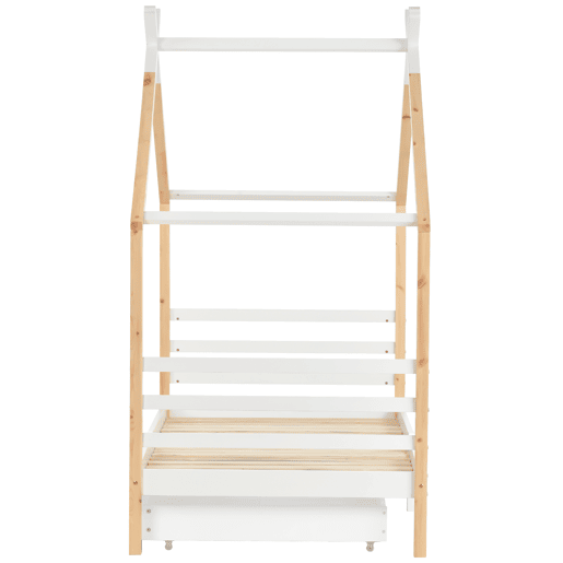 Cama infantil 90x200 cm - Casa com gavetas, madeira maciça com estrado, pinho - Branco + cor madeira