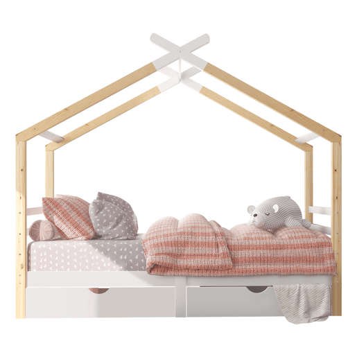 Cama infantil 90x200 cm - Casa com gavetas, madeira maciça com estrado, pinho - Branco + cor madeira