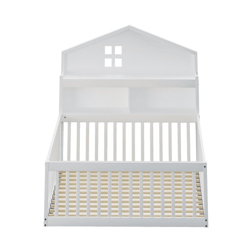 Cama infantil 140x200 - Estrutura em madeira maciça, com prateleiras e arrumação, com grade e porta, com ripas de madeira, Branco