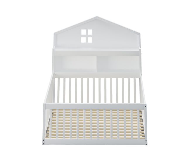 Cama infantil 140x200 - marco de madera maciza, con estantes y almacenamiento, con barandilla y puerta, con listón de madera, blanco