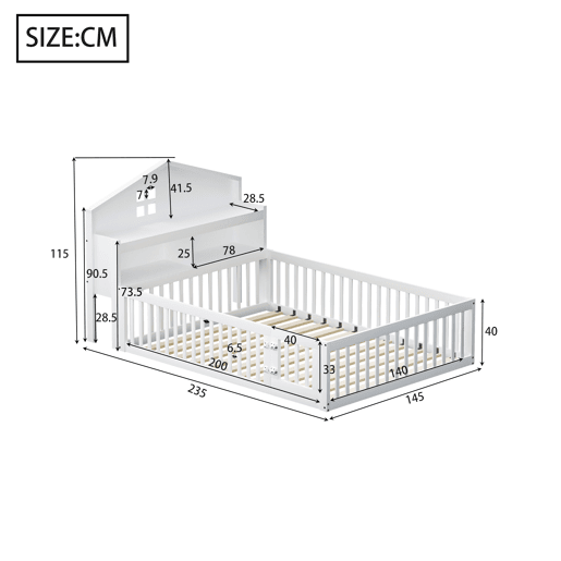 Cama infantil 140x200 - Estrutura em madeira maciça, com prateleiras e arrumação, com grade e porta, com ripas de madeira, Branco
