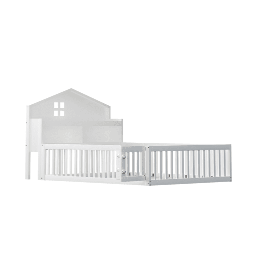 Cama infantil 140x200 - Estrutura em madeira maciça, com prateleiras e arrumação, com grade e porta, com ripas de madeira, Branco