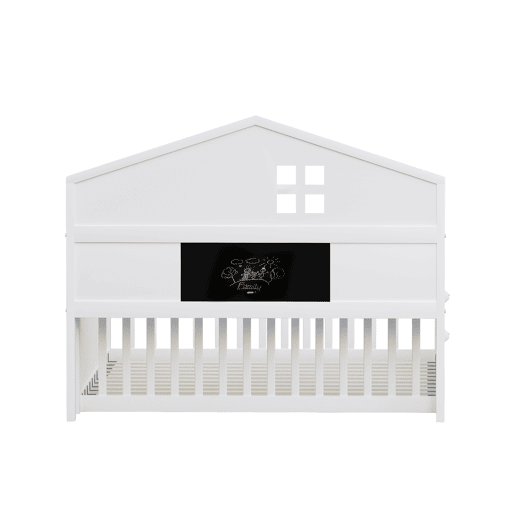 Cama infantil 140x200 - Estrutura em madeira maciça, com prateleiras e arrumação, com grade e porta, com ripas de madeira, Branco