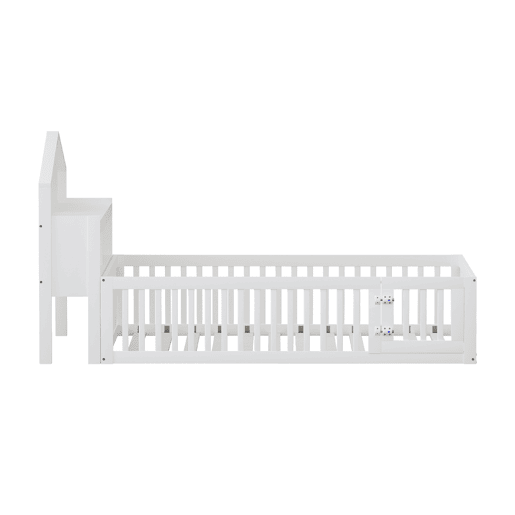 Cama infantil 140x200 - Estrutura em madeira maciça, com prateleiras e arrumação, com grade e porta, com ripas de madeira, Branco