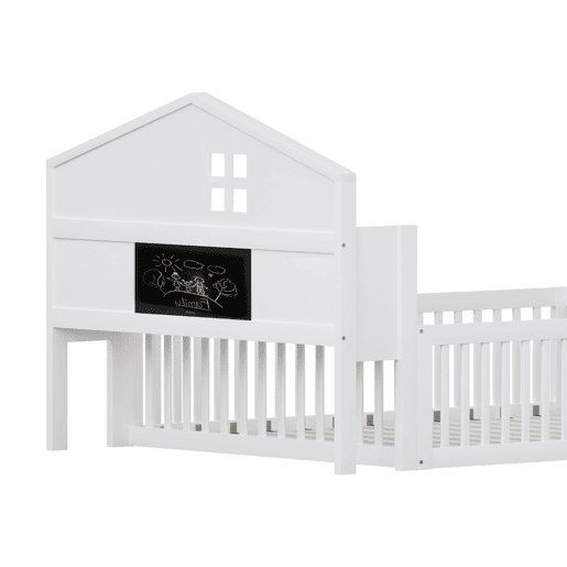Cama infantil 140x200 - Estrutura em madeira maciça, com prateleiras e arrumação, com grade e porta, com ripas de madeira, Branco