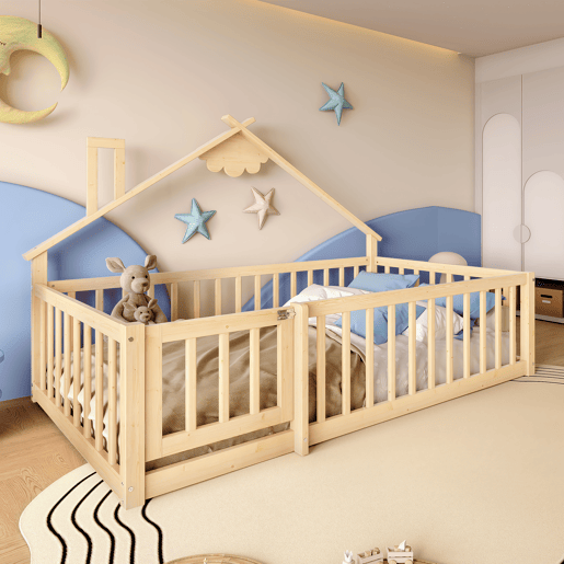 Cama infantil 90x190 cm - Barra de segurança, grade com fechadura - Natural