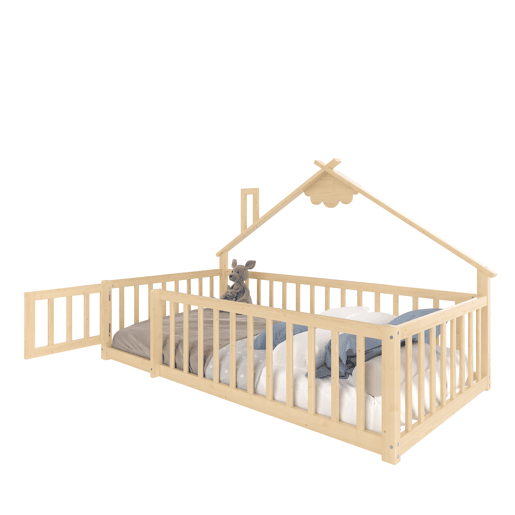 Cama infantil 90x190 cm - Barra de segurança, grade com fechadura - Natural