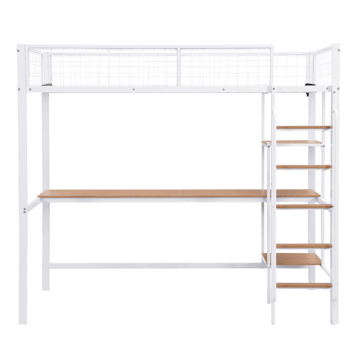Beliche 90x200cm - Com mesa e prateleiras, 5 degraus, com proteção contra quedas - Branco+Natural