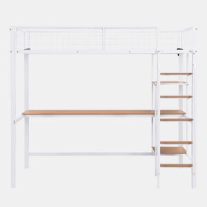 Beliche 90x200cm - Com mesa e prateleiras, 5 degraus, com proteção contra quedas - Branco+Natural
