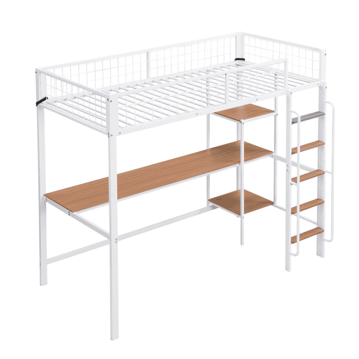 Beliche 90x200cm - Com mesa e prateleiras, 5 degraus, com proteção contra quedas - Branco+Natural